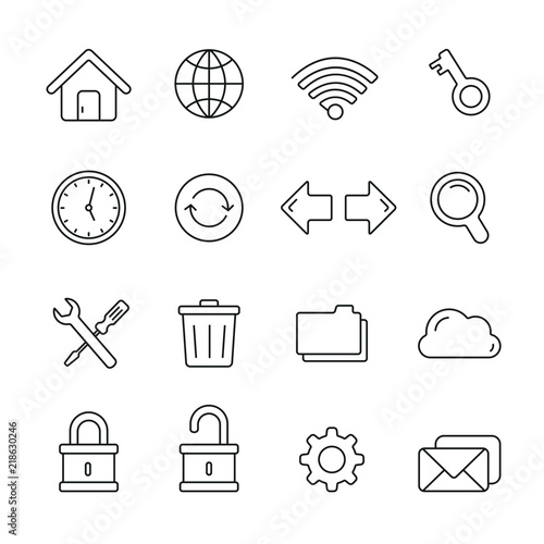 Web related icons: thin vector icon set, black and white kit