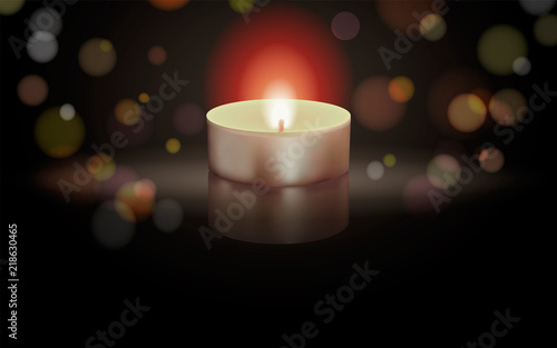 Vector illustration of burning candle on black background with bokeh.