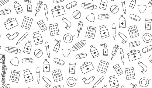 Medicine and equipment icon seamless pattern outline stroke set dash line design illustration isolated on white background