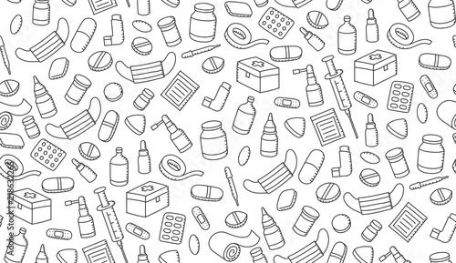 Seamless pattern background Medicine and equipment kids hand drawing set illustration black color isolated on white background