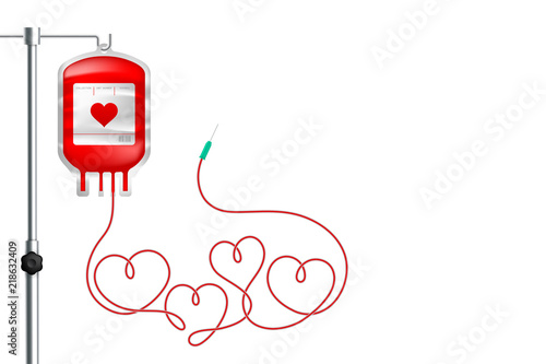 Blood bag red color and Love heart sign shape made from cord illustration, valentine concept design isolated on white background, with copy space