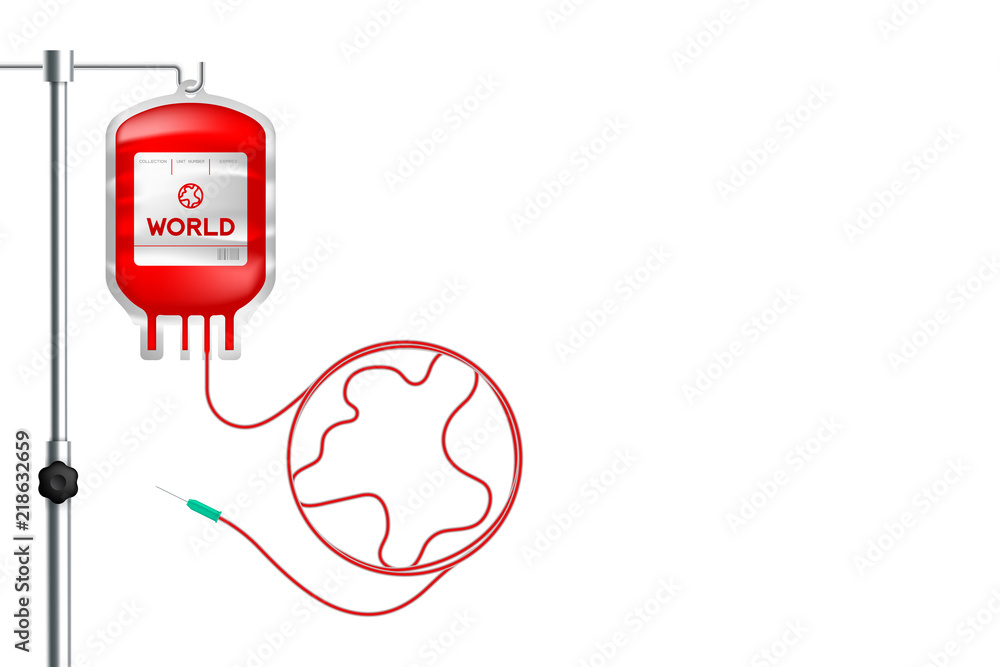Blood bag red color with world sign shape made from cord illustration, environment conservation concept design isolated on white background, with copy space