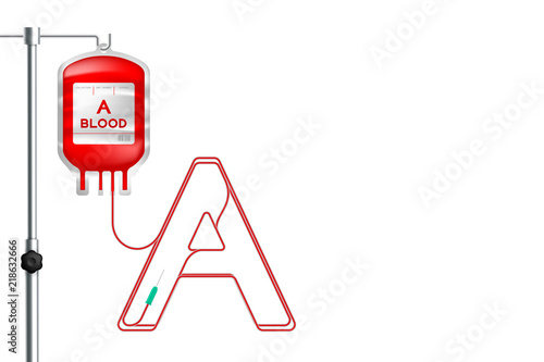 Blood bag type A red color and Alphabet letter A sign shape made from cord illustration, transfusion concept design isolated on white background, with copy space