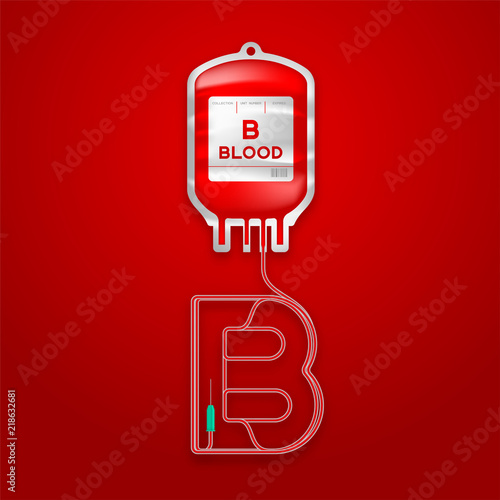 Blood bag type B red color and Alphabet letter B sign shape made from cord illustration, transfusion concept design isolated on red gradient background, with copy space