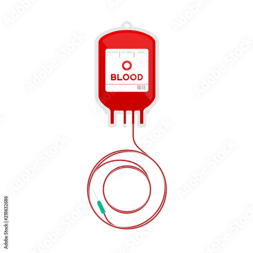 Blood bag type O red color and Alphabet letter O sign shape made from cord illustration, transfusion concept flat design isolated on white background, with copy space