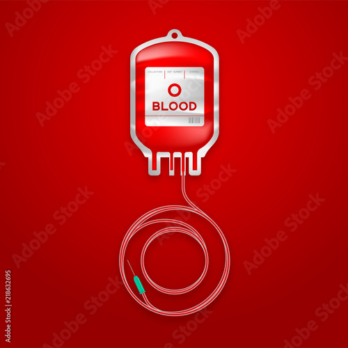 Blood bag type O red color and Alphabet letter O sign shape made from cord illustration, transfusion concept design isolated on red gradient background, with copy space