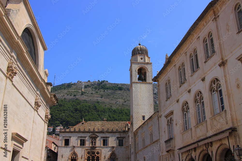 Croatia - historic houses in Dubrovnik and a municipal belfry from 1444.