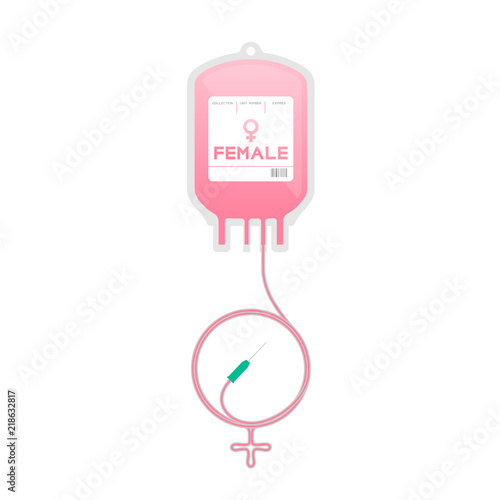 Blood bag pink color and Female gender sign shape made from cord illustration flat design isolated on white background, with copy space