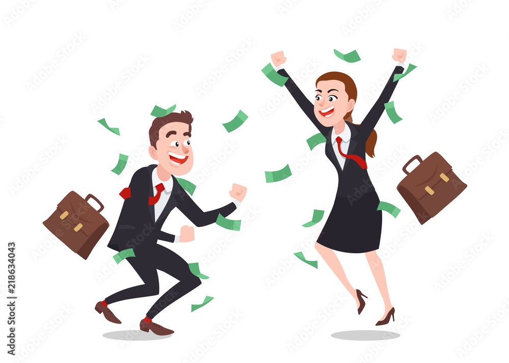 Businessman And Businesswoman Pleased With the Success. People Make More Money. Cartoon Style Vector Illustration Businessman And Businesswoman Pleased With the Success. People Make More Money. Cartoon Style Vector Illustration