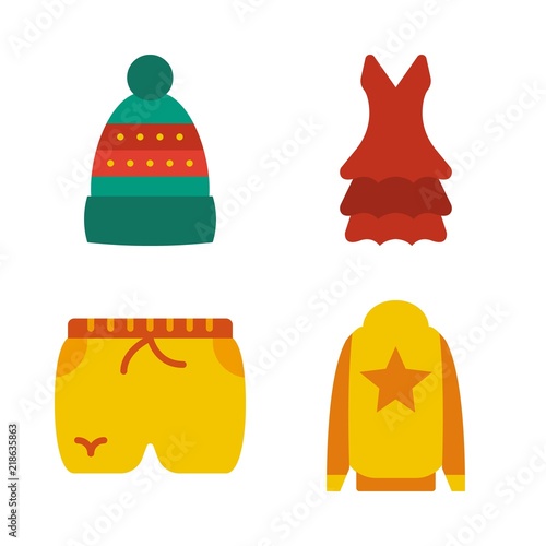 clothes vector icons set. dress, short, winter hat and sweater in this set