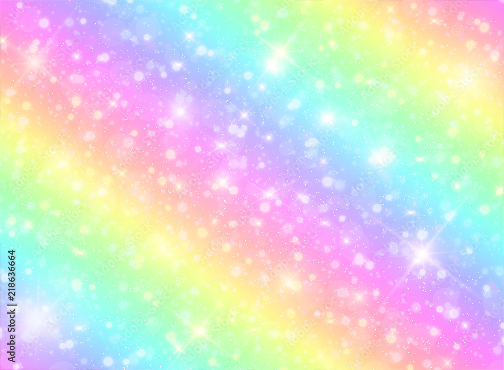 Fototapeta Wektorowa ilustracja galaxy fantazi tło i pastelowy kolor. Jednorożec w pastelowym niebie z tęczą. Pastel chmury i niebo z bokeh. Śliczne jasne tło cukierków.