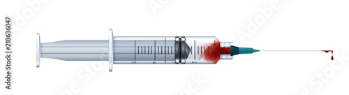 Syringe with blood, isolated on white background. Realistic vector illustration.