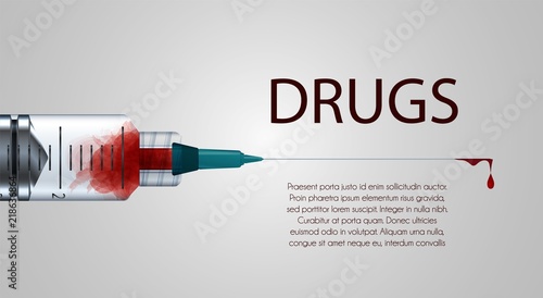  Plastic medical syringe with needle and blood drop, concept of vaccination, injection.