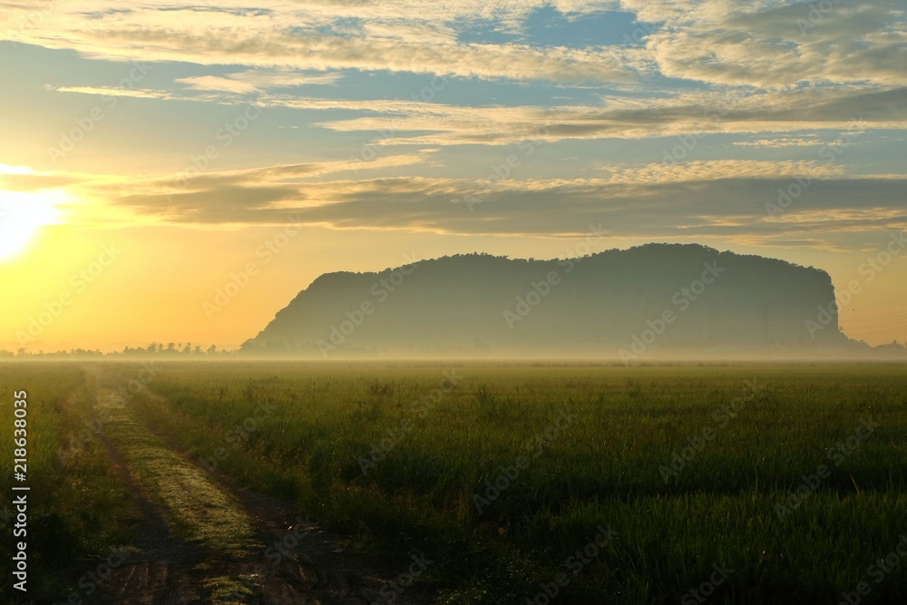 Landscape view of paddy fields,mountain and dramatic clouds during sunrise.
