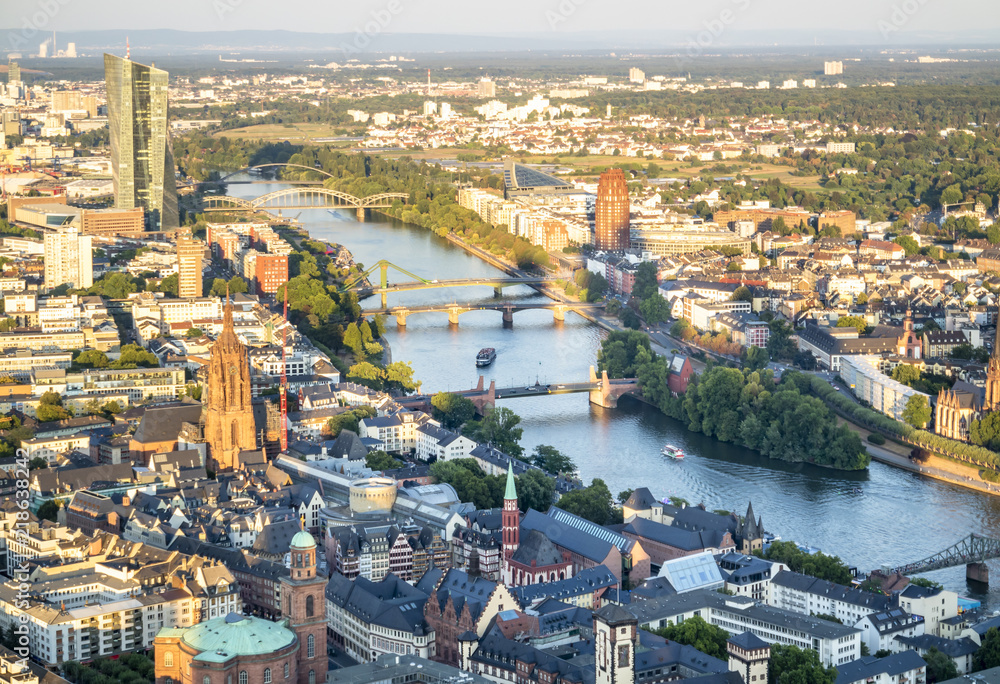 Aerial of the financial district in Frankfurt, Germany - Europe