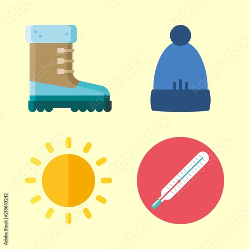 weather vector icons set. boots, thermometer, winter hat and sun in this set