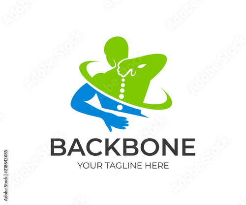 Spine pain in sacral and cervical region, human holding his back in area pain, logo design. Spine medicine and backbone health, vector design and illustration