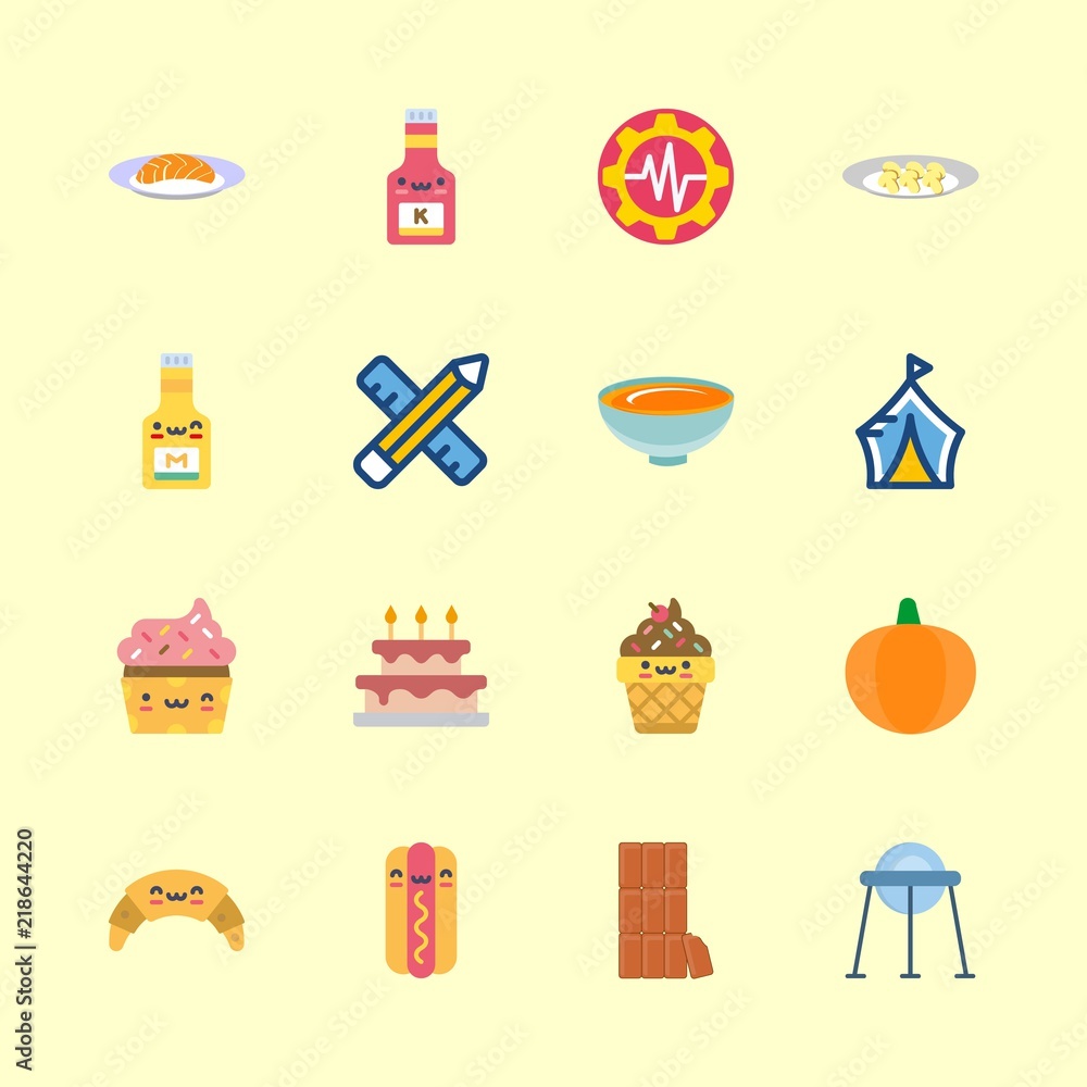 food vector icons set. cupcake, utensils, ketchup and salmon in this set