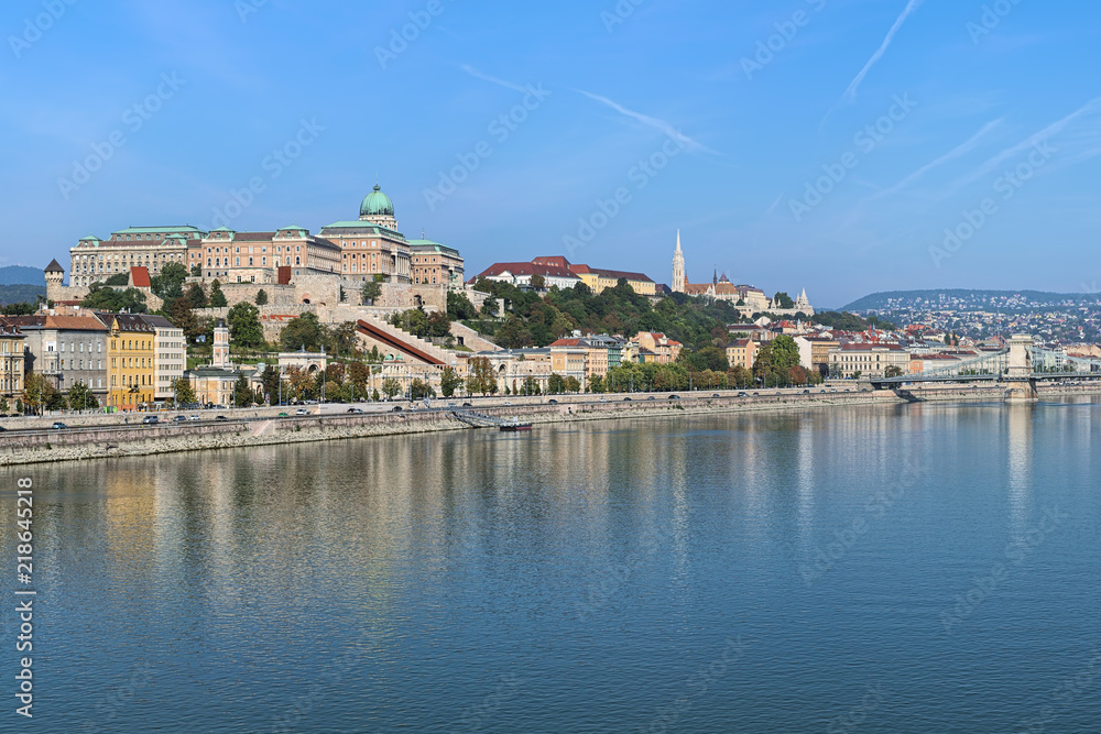 Budapest, Hungary. View from Elisabeth Bridge on Royal Palace, Sandor Palace, Matthias Church, Fisherman's Bastion and fragment of Szechenyi Chain Bridge across Danube.
