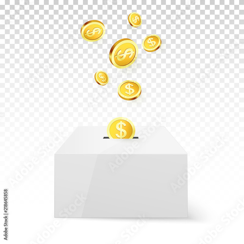 Golden Coin Drop into Money Box. Donation and Charity. Donate money concept. Golden coin fund in money box. Vector illustration isolated on transparent background