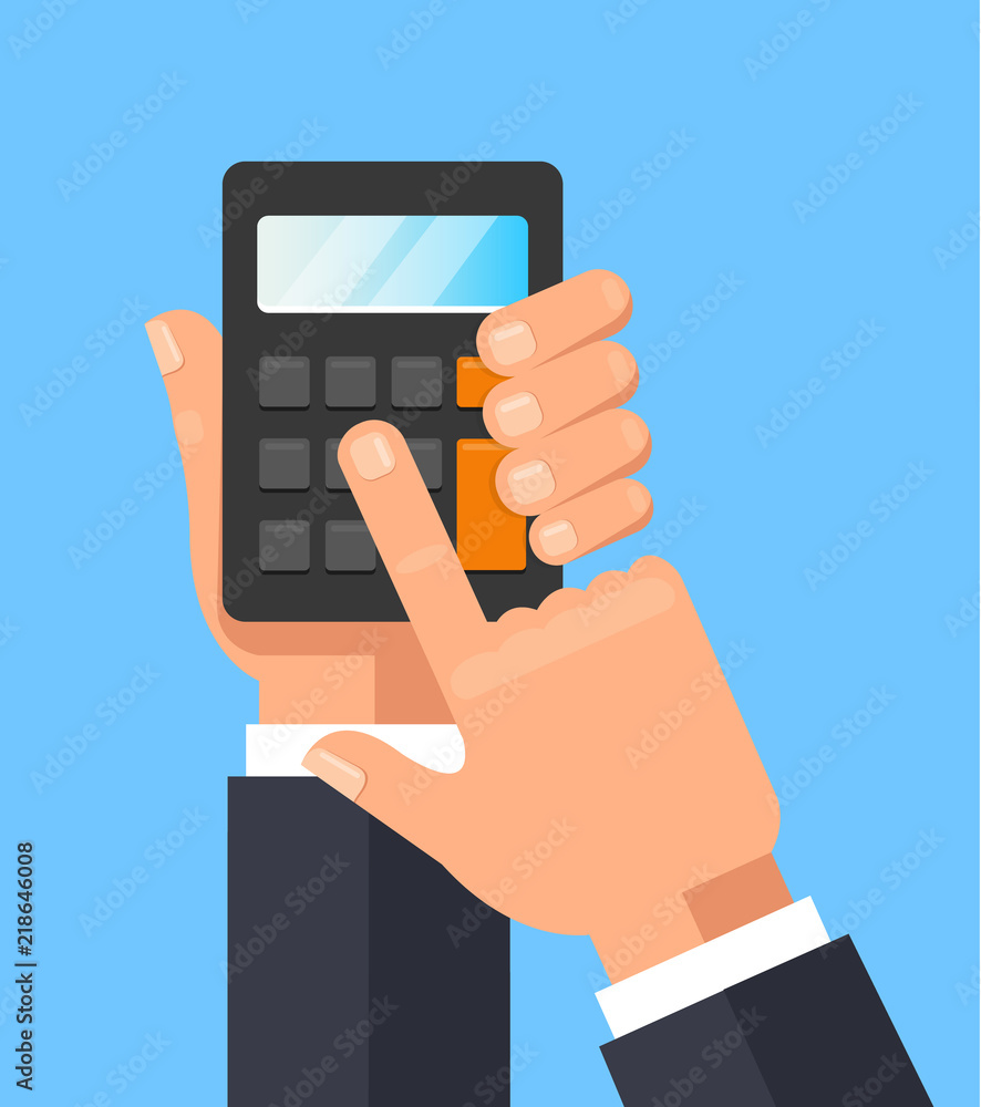 Human hand holding calculator and counting. Finger push button. Vector flat cartoon isolated banner illustration Human hand holding calculator and counting. Finger push button. Vector flat cartoon isolated banner illustration
