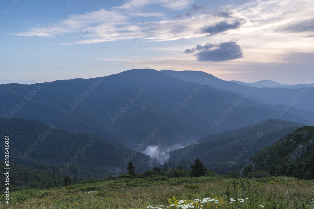 Obraz premium Beautiful mountain view from the hills on the path to the Eho hut. The Troyan Balkan is exceptionally picturesque and offers a combination of wonderful mountain scenery, fresh air.
