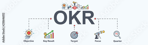 OKR (objective key result)banner web icon for business, target, focus and quarter. Minimal vector infographic.
