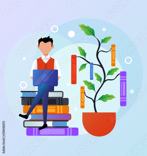 Happy smiling man character sitting on stock books and using laptop. Online education training courses specialization class university concept. Vector flat cartoon isolated banner illustration