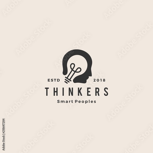 smart human head think bulb idea logo hipster vintage emblem vector icon illustration