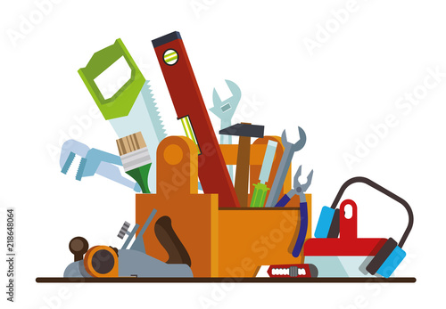 Tool box with tools. The box with the repair and construction working tools. Tool set repair and construction. Flat style. Flat design. Vector illustration Eps10 file