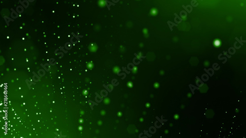 3d render of abstract green composition with depth of field and glowing particles in dark with bokeh effects. Science fiction microcosm or macro world or abstract Christmas garlands in the air. 9