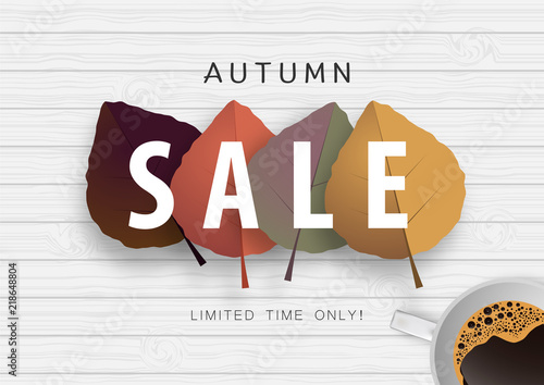 Autumn sale background with colorful leaf on wood texture vector or illustration
