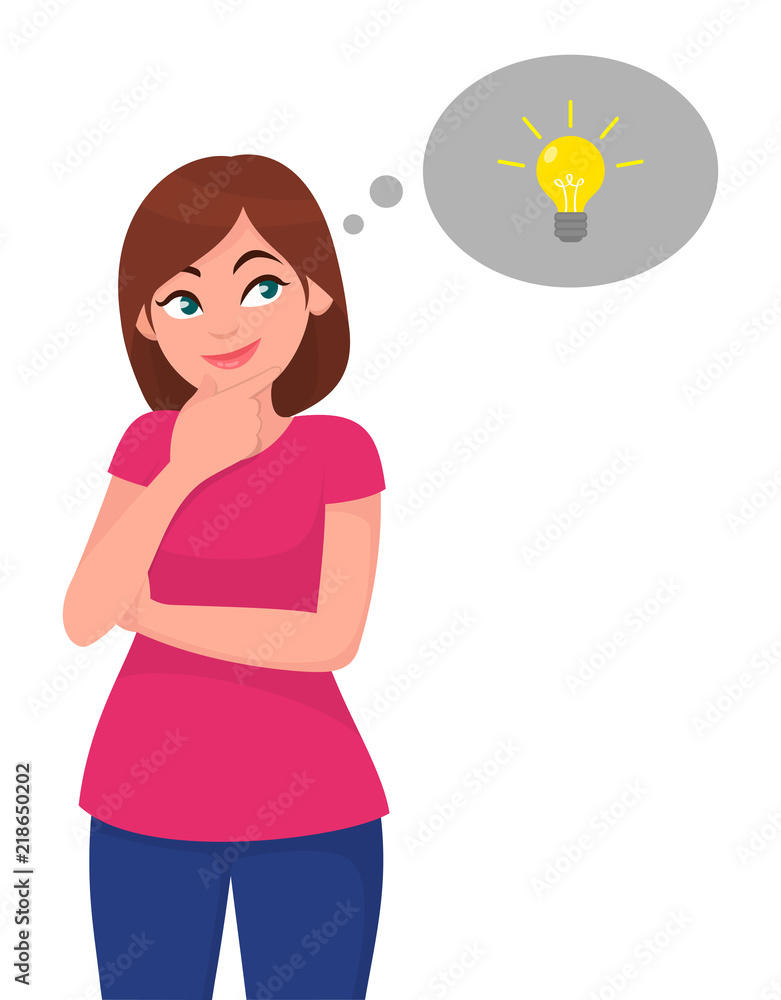 Young woman looking up, in thought bubble glowing a light bulb. Idea and creative concept. Initiate and innovation theme. Glowing light bulb icon in thought bubble. Young woman looking up, in thought bubble glowing a light bulb. Idea and creative concept. Initiate and innovation theme. Glowing light bulb icon in thought bubble.