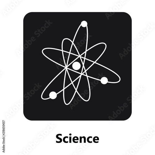 Atom molecular symbol on black square an white background text