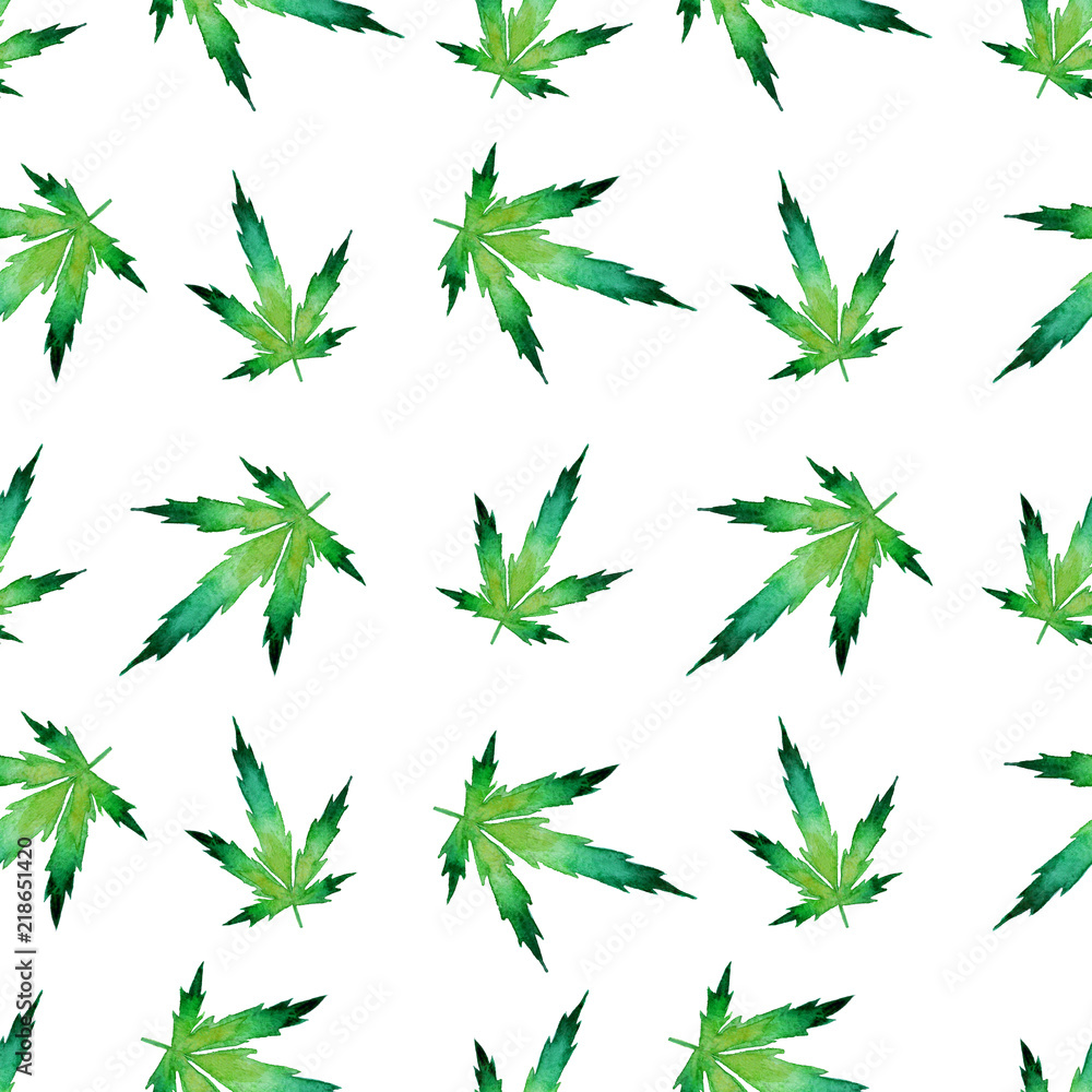 Watercolor marijuana leaves seamless pattern. Cannabis background. Dense vegetation of ganja. Hemp isolated on a white background. Watercolor marijuana leaves seamless pattern. Cannabis background. Dense vegetation of ganja. Hemp isolated on a white background.
