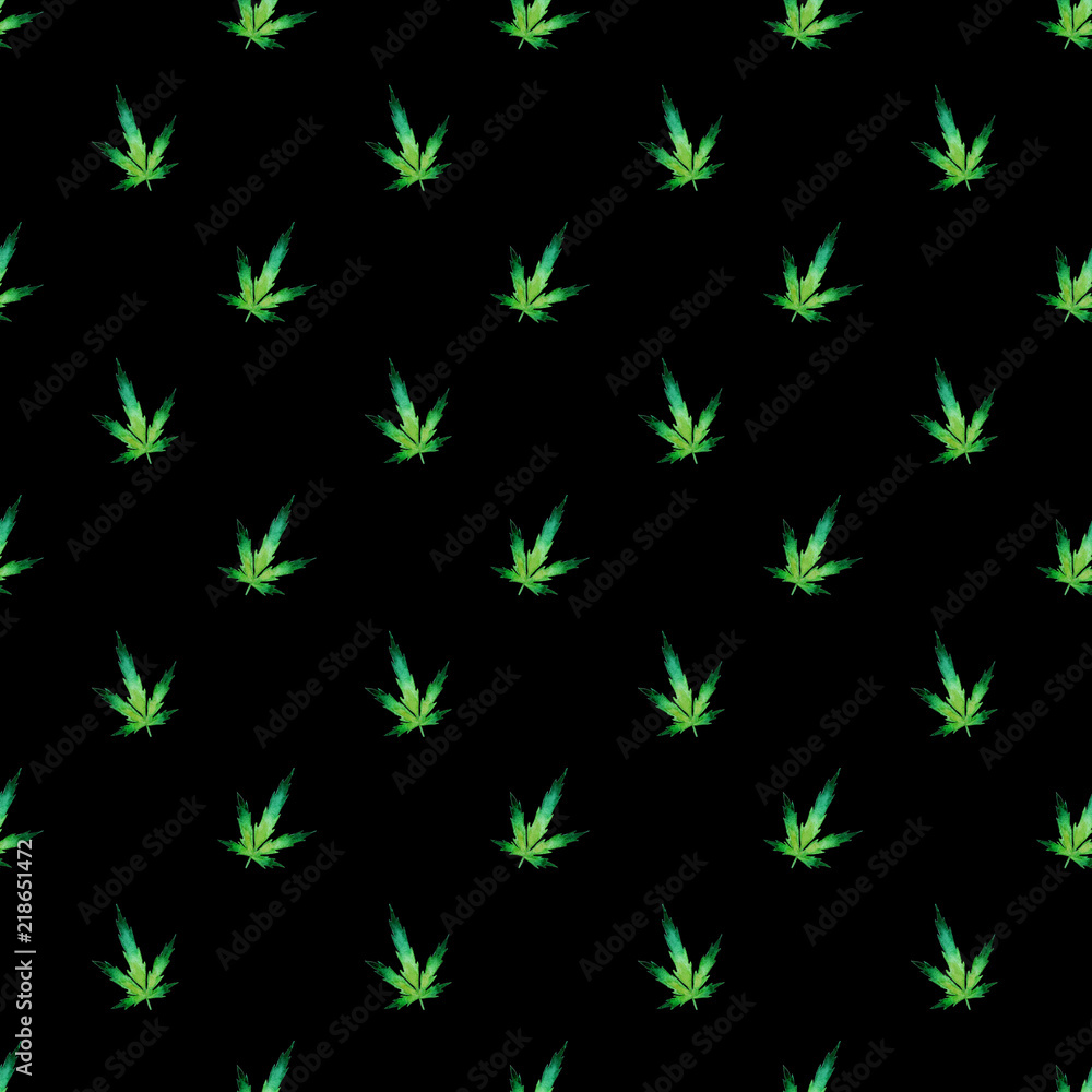 Watercolor marijuana leaves seamless pattern. Cannabis background. Dense vegetation of ganja. Hemp on a black background. Watercolor marijuana leaves seamless pattern. Cannabis background. Dense vegetation of ganja. Hemp on a black background.