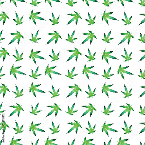 Fototapeta Naklejka Na Ścianę i Meble -  Watercolor marijuana leaves seamless pattern. Cannabis background. Dense vegetation of ganja. Hemp isolated on a white background. 