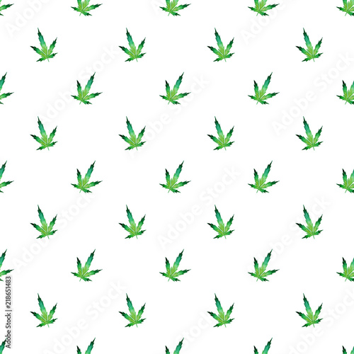 Fototapeta Naklejka Na Ścianę i Meble -  Watercolor marijuana leaves seamless pattern. Cannabis background. Dense vegetation of ganja. Hemp isolated on a white background. 