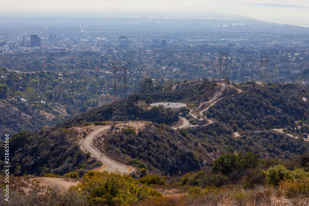 Kenter trail hike path in Brentwood, Los Angeles, California. Stunning panoramic view overlooking West La including Santa Monica, Venice, Century City, Culver City