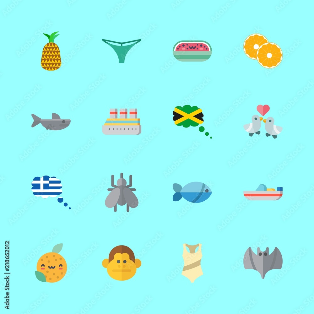 tropical vector icons set. bat, love birds, shark and orange in this set