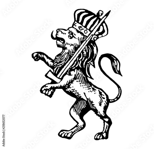 A lion standing wearing a crown holding a sword isolated on a white background (ID: 218652077)