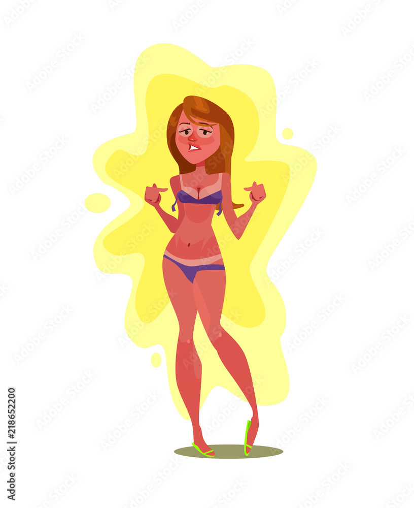 Unhappy woman character burning on sun sunburn. Vector flat cartoon illustration