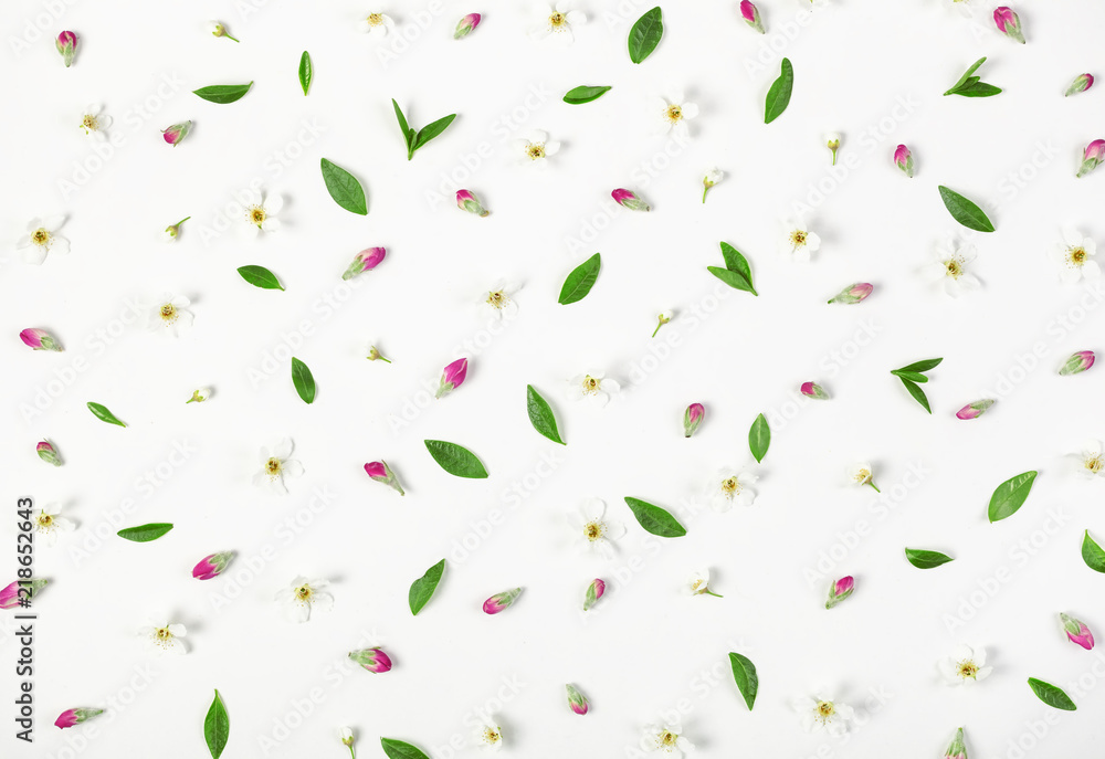 Floral pattern made of spring flowers, pink buds and leaves isolated on white background. Flat lay. Top view. Floral pattern made of spring flowers, pink buds and leaves isolated on white background. Flat lay. Top view.