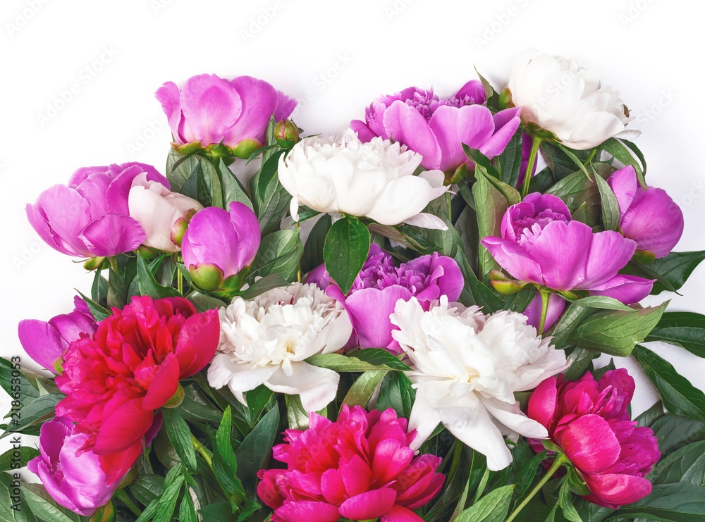 Bouquet of pink and white peonies isolated on white background. Top view. Flat lay.