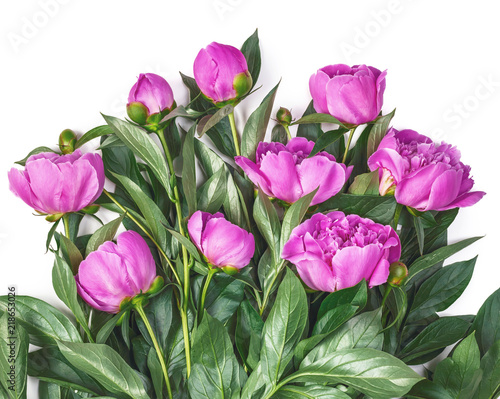 Bouquet of pink peonies isolated on white background. Top view. Flat lay.