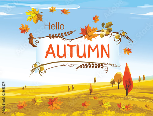 Vector illustration. Autumn landscape with trees and fall leaves.