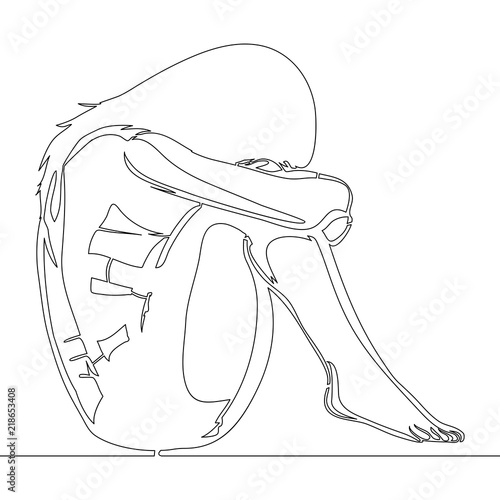 continuous line drawing Sad teenager girl lonely