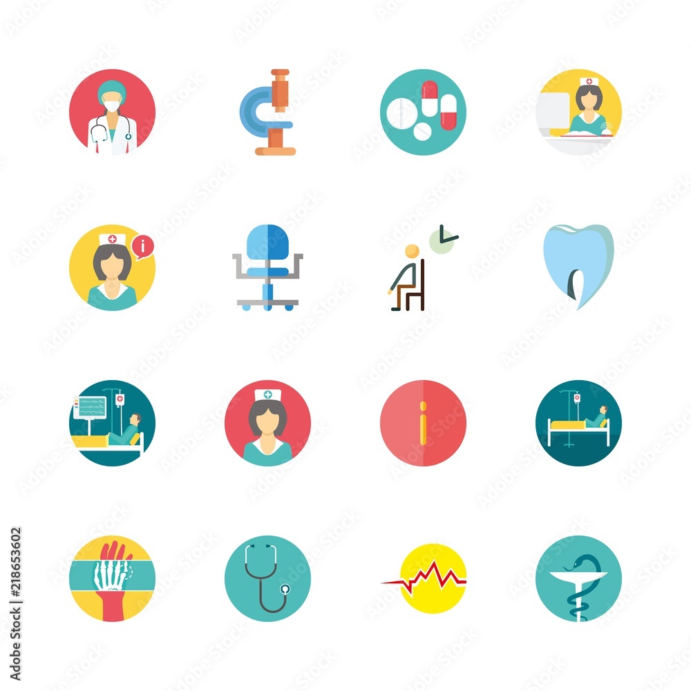 Fototapeta premium hospital vector icons set. nurse, pills, stethoscope and waiting room in this set