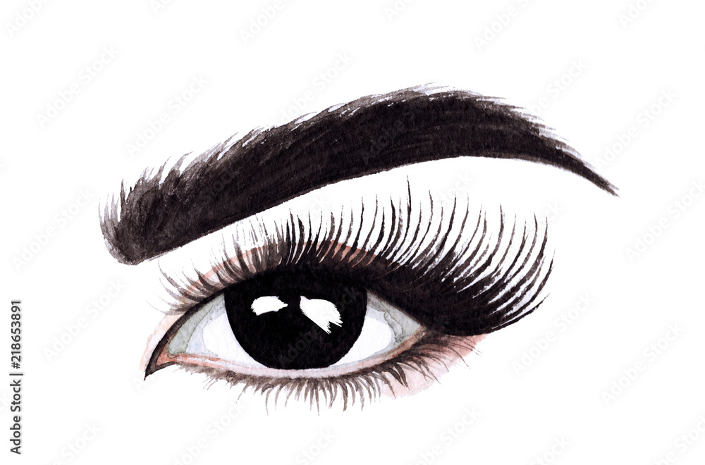 Woman eyes with long eyelashes. Hand drawn watercolor illustration. Eyelashes and eyebrows. Сoncept of eyelash extensions, microblading, mascara, beauty salon. Black eyes. Woman eyes with long eyelashes. Hand drawn watercolor illustration. Eyelashes and eyebrows. Сoncept of eyelash extensions, microblading, mascara, beauty salon. Black eyes.
