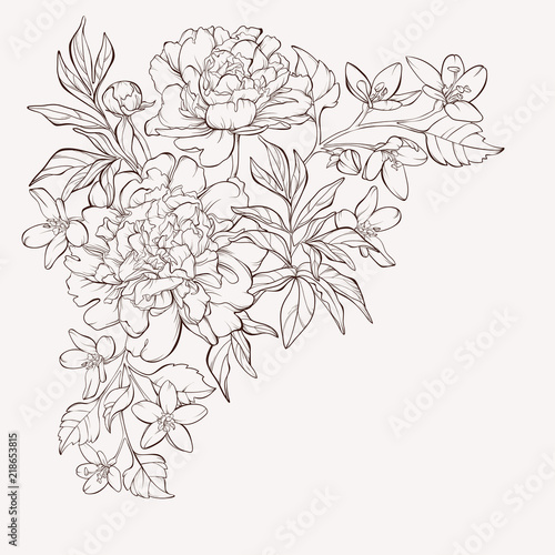 Blossoming peony flowers on white with wildflowers. Vector illustration. Perfect for background greeting cards and invitations of the wedding, birthday, Valentine's Day, Mother's Day.